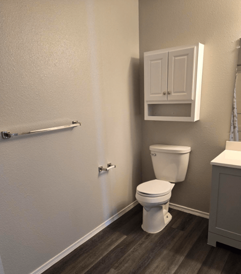 A white toilet in a bathroom with a cabinet above it.