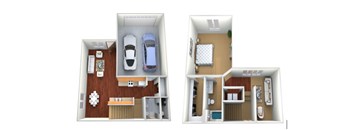 A floor plan of a two bedroom apartment with a car.