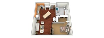 a floor plan of a one bedroom apartment with two bathrooms and a living room with a dining at Northridge Apartments, Pine City, MN, 55063