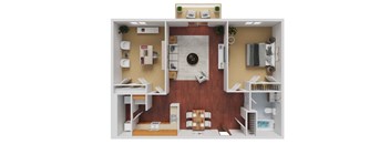 A 3D floor plan of a small apartment with a kitchen, living room, and bathroom.