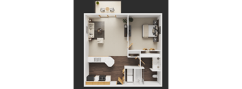 A small apartment with a kitchen, living room, and bathroom.