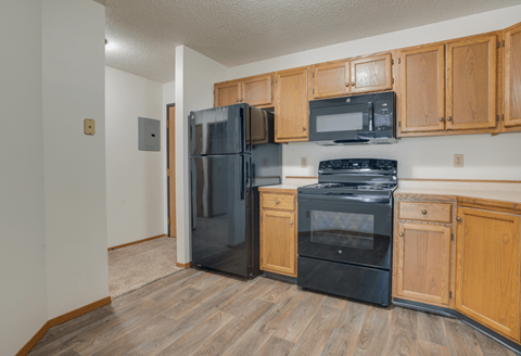 A kitchen with black appliances and wooden cabinets.