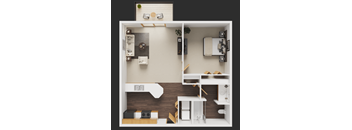 A top-down view of a small apartment with a living room, kitchen, and bedroom.