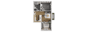 A top-down view of a house layout with a kitchen, living room, and bathroom.