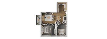 A 3D floor plan of a house with a kitchen, living room, and two bedrooms.