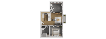 A 3D floor plan of a house with a kitchen, living room, and bathroom.