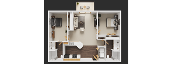 A 3D floor plan of a small apartment with a kitchen, living room, and two bedrooms.