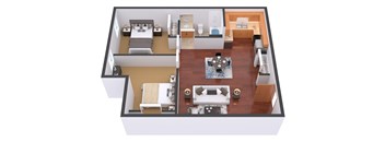 a floor plan of a one bedroom apartment with two beds and a living room with a fireplace