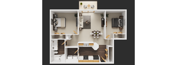 A detailed 3D floor plan of a small apartment layout.