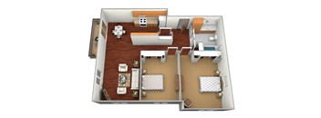 a floor plan of a two bedroom apartment with two bathrooms and a living room with a fireplace at Northridge Apartments, Pine City, 55063