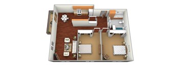 a floor plan of a two bedroom apartment with two bathrooms and a living room with a fireplace at Northridge Apartments, Pine City, MN