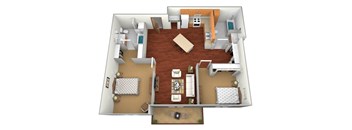 a floor plan of a two bedroom apartment with two bathrooms and a living room with a fireplace at Northridge Apartments, Pine City, MN