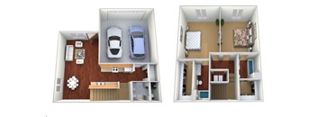 Two images of a dollhouse interior with a living room and bedroom.