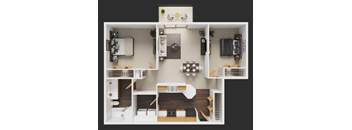 A detailed 3D floor plan of a small apartment layout.