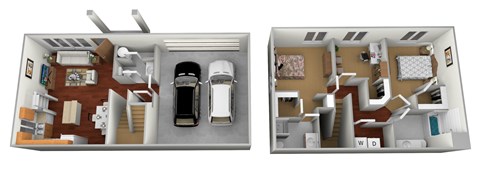 Two images of a house layout with a car in the driveway.