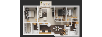 A detailed 3D floor plan of a modern apartment layout.
