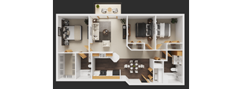 A detailed 3D floor plan of a modern apartment layout.