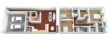 a floor plan of a one bedroom apartment with two bathrooms and a living room with a fireplace