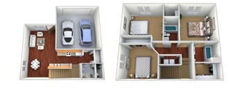 Two floor plans of a house with a car and a snowflake symbol.