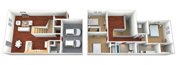 a floor plan of a two bedroom apartment with two bathrooms and a living room with a fireplace