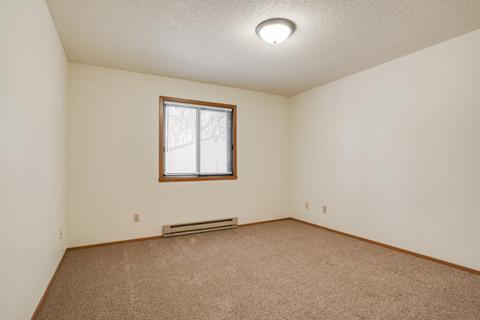 A room with a carpeted floor and a window.
