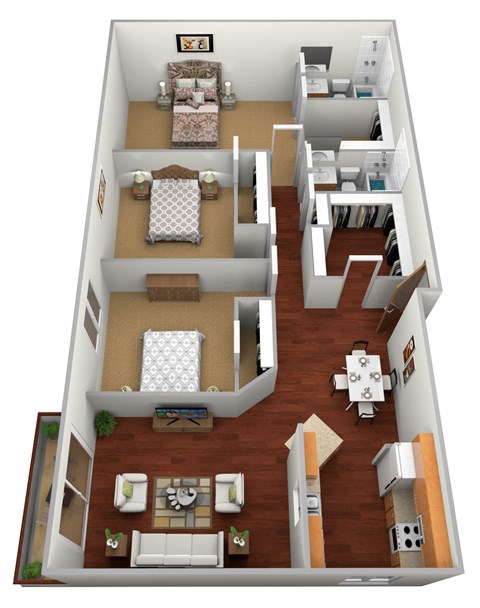 3 Bed 2 Bath Floor Plan at Dock 9 Apartments, North Dakota