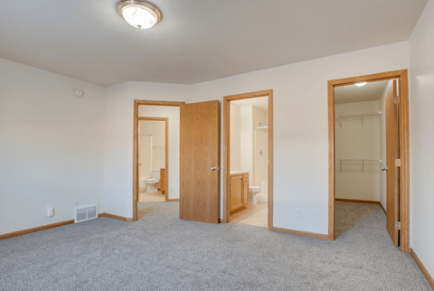 A room with carpeted floor and three open doors.