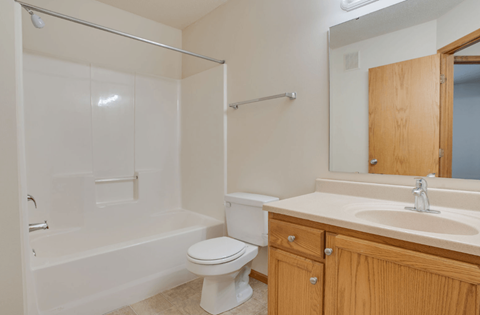 A white toilet sits in a bathroom with a wooden cabinet and a white sink.