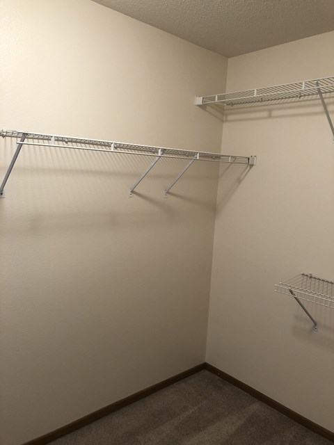 Empty walk-in closet with shelves and hangers.