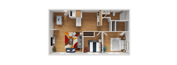 A top-down view of a small apartment with a kitchen, living room, and bedroom.