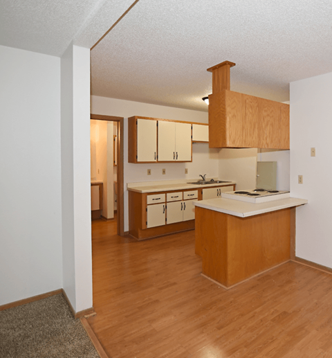 an empty kitchen and living room with wood flooring and wooden cabinets