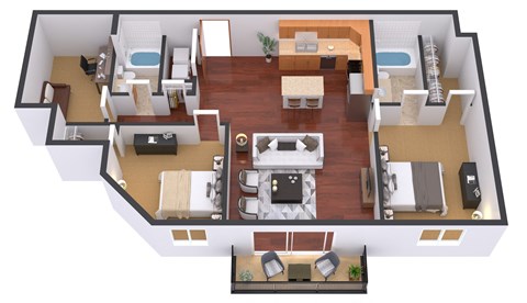 a 3d floor plan of a house with a bedroom and living room