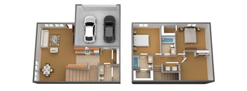 A floor plan of a two-bedroom apartment with a garage for one car.