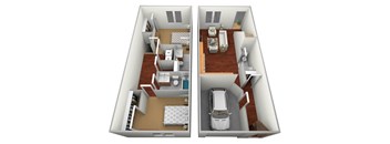 a stylized floor plan with a car and a bedroom