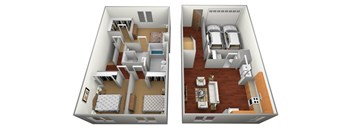 two views of a floor plan with a bedroom and a living room