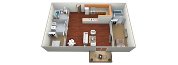 a layout of a 3d floor plan with a bedroom and a living room