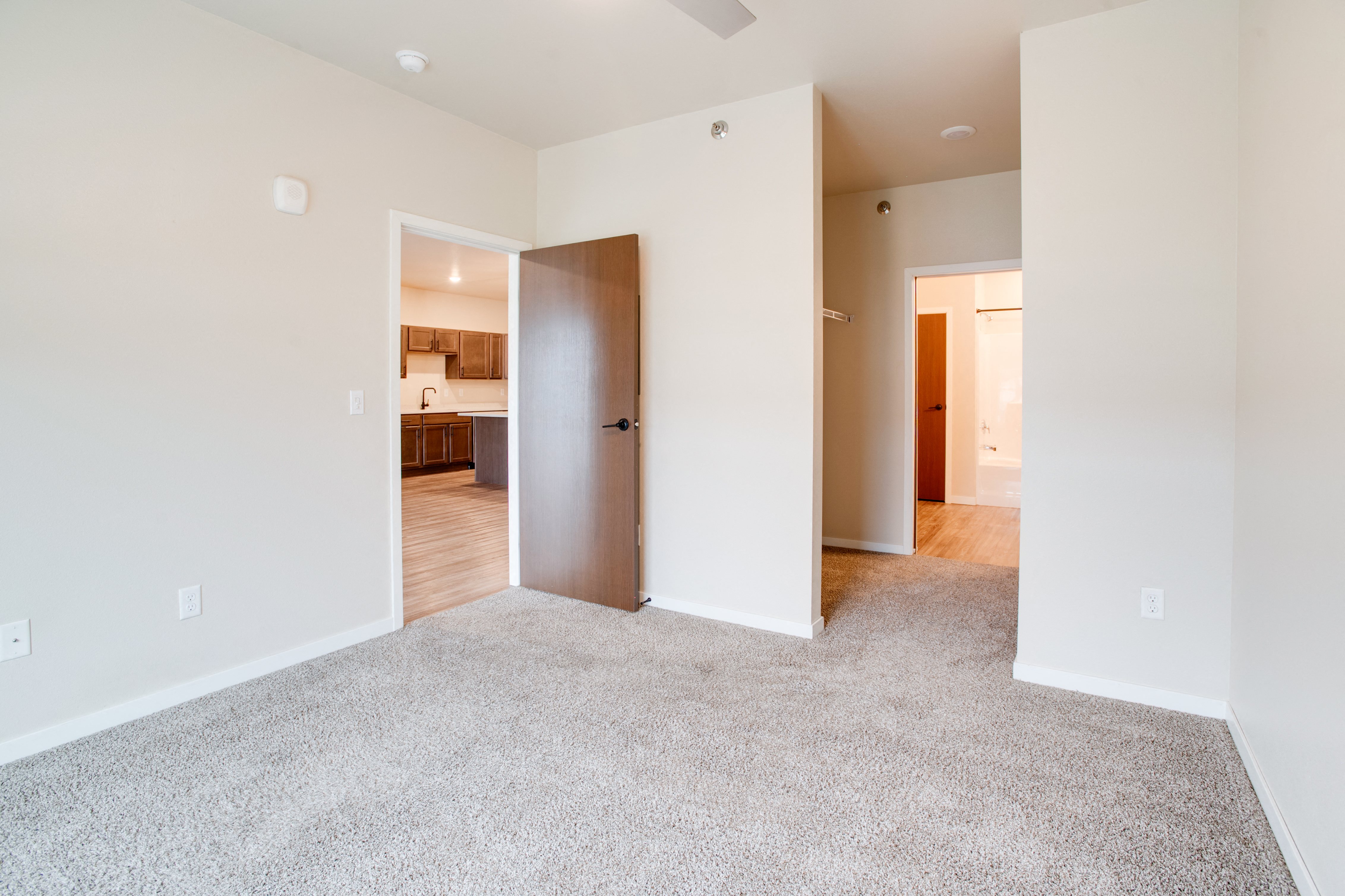 a spacious living room with carpet and a door to a kitchen