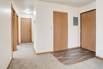 a hallway with three doors and a wood flooring