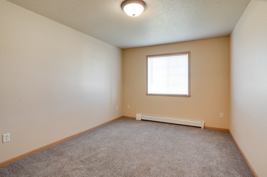 an empty living room with a window and carpet