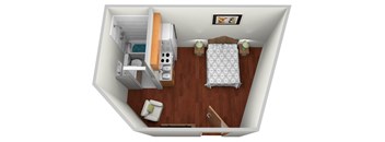 a room with a bedroom and a bathroom