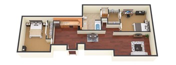 a 3d floor plan with a bedroom and living room