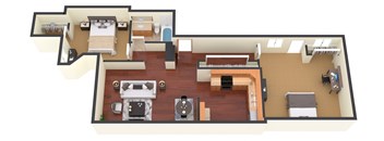 a 3d floor plan of a house with a kitchen and living room