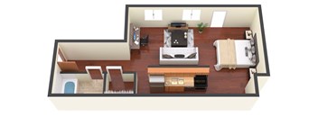 a layout of a living room with a couch and a chair