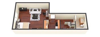 an overhead view of a room with a bedroom and a living room