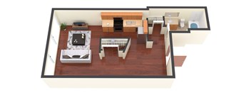 a 3d rendering of a living room with a kitchen and a bedroom
