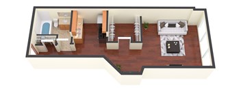 an overhead view of a room with a bedroom and a living room
