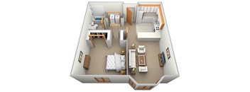 a 3d floor plan with a bedroom and living room