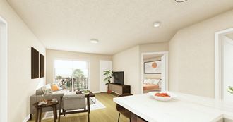 a living room with a couch and a table with a bowl of fruit on top of it at Pinehurst Apartments, Baxter