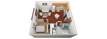 a layout of a 3d floor plan with a bedroom and a living room