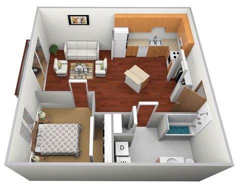 a layout of a 3d floor plan with a bedroom and a living room